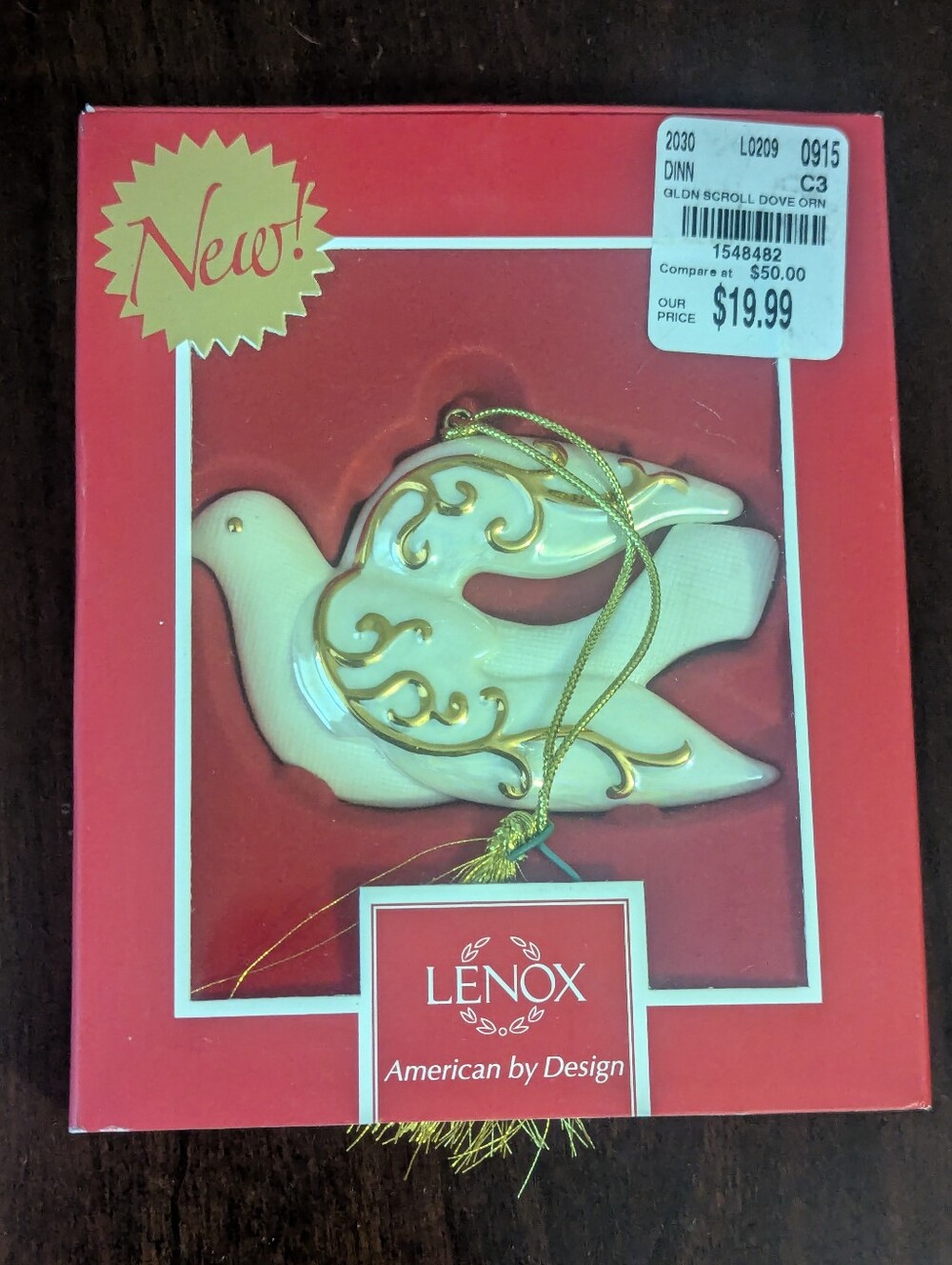 Lenox Golden Scroll Dove Christmas Ornament Like New!